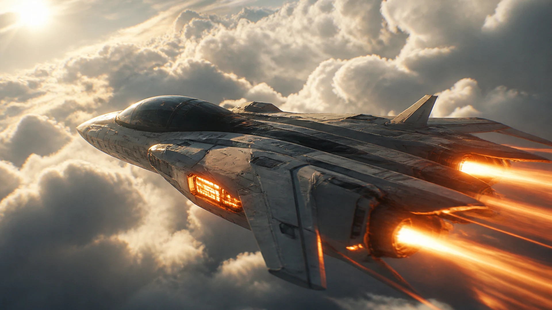 A fighter jet flying through sunlit clouds