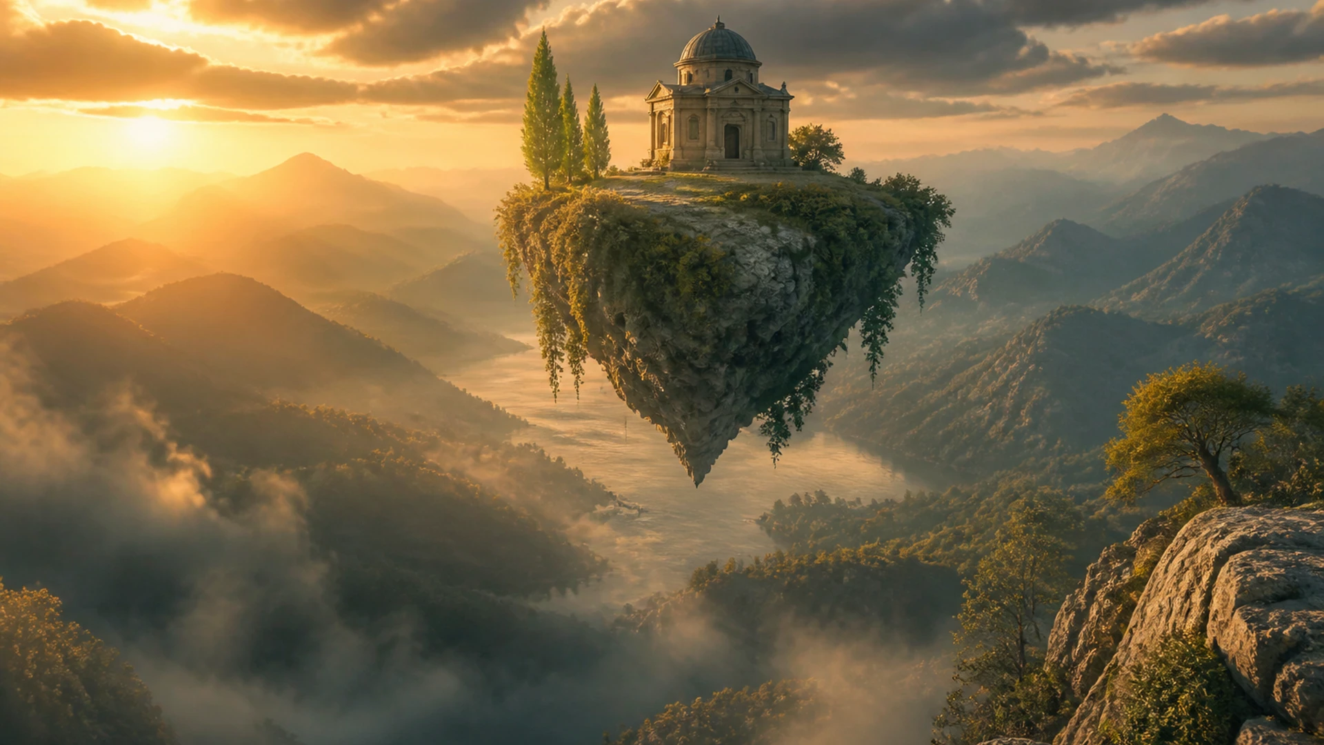 A floating temple structure at sunset